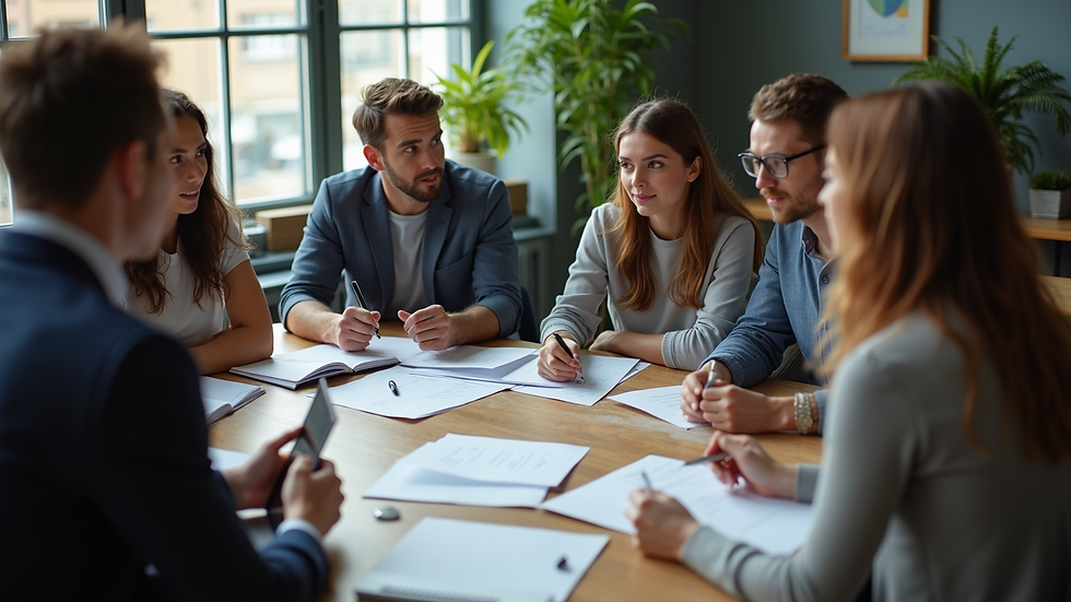 High angle view of a group of diverse coworkers discussing initiatives