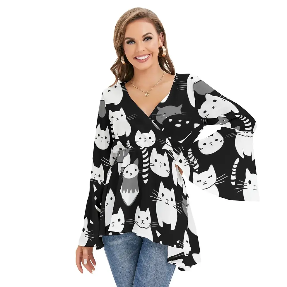 Thumbnail: Women's Catty Print V-neck Blouse with Flared Sleeves