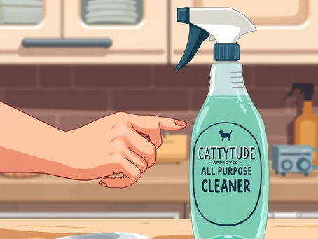 Hand pointing at a spray bottle labeled “Cattytude Approved All Purpose Cleaner” on a kitchen counter.