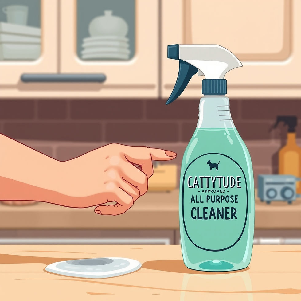 Hand pointing at a spray bottle labeled “Cattytude Approved All Purpose Cleaner” on a kitchen counter.
