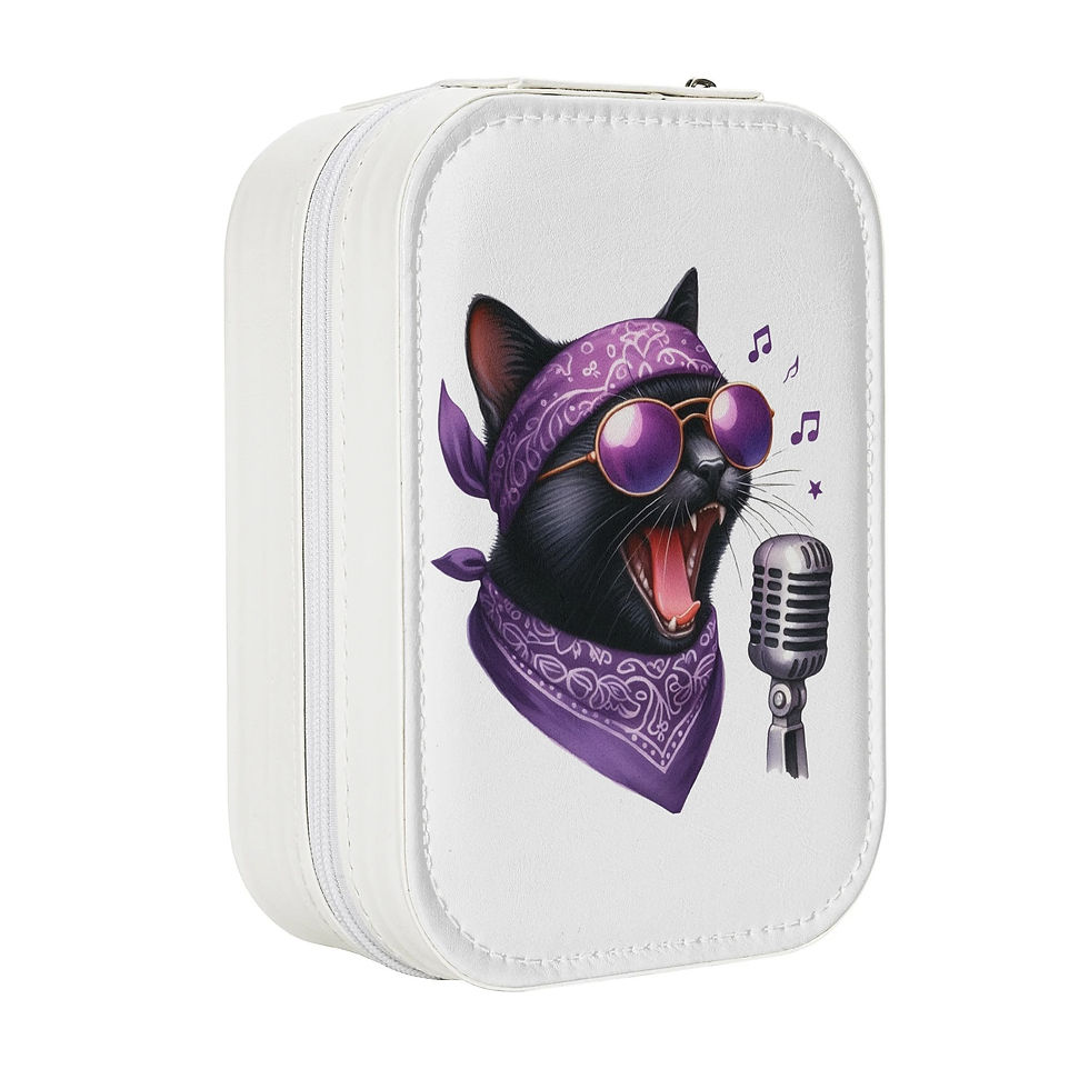 Thumbnail: Black cat singing into an old microphone. It's wearing a purple headband, scarf, and sunglasses.