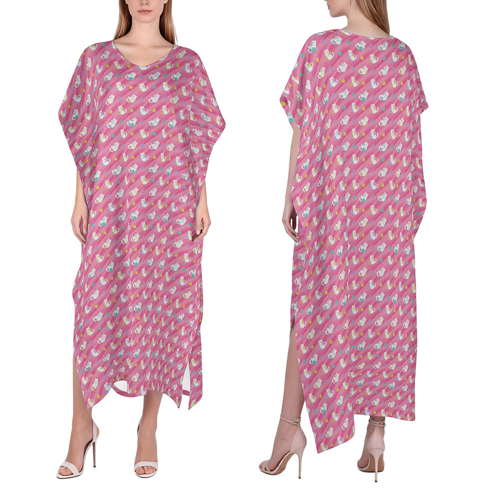 Thumbnail: Lightweight Cats with Yarn V Neck Loose Fit Cover Up Boho Dress