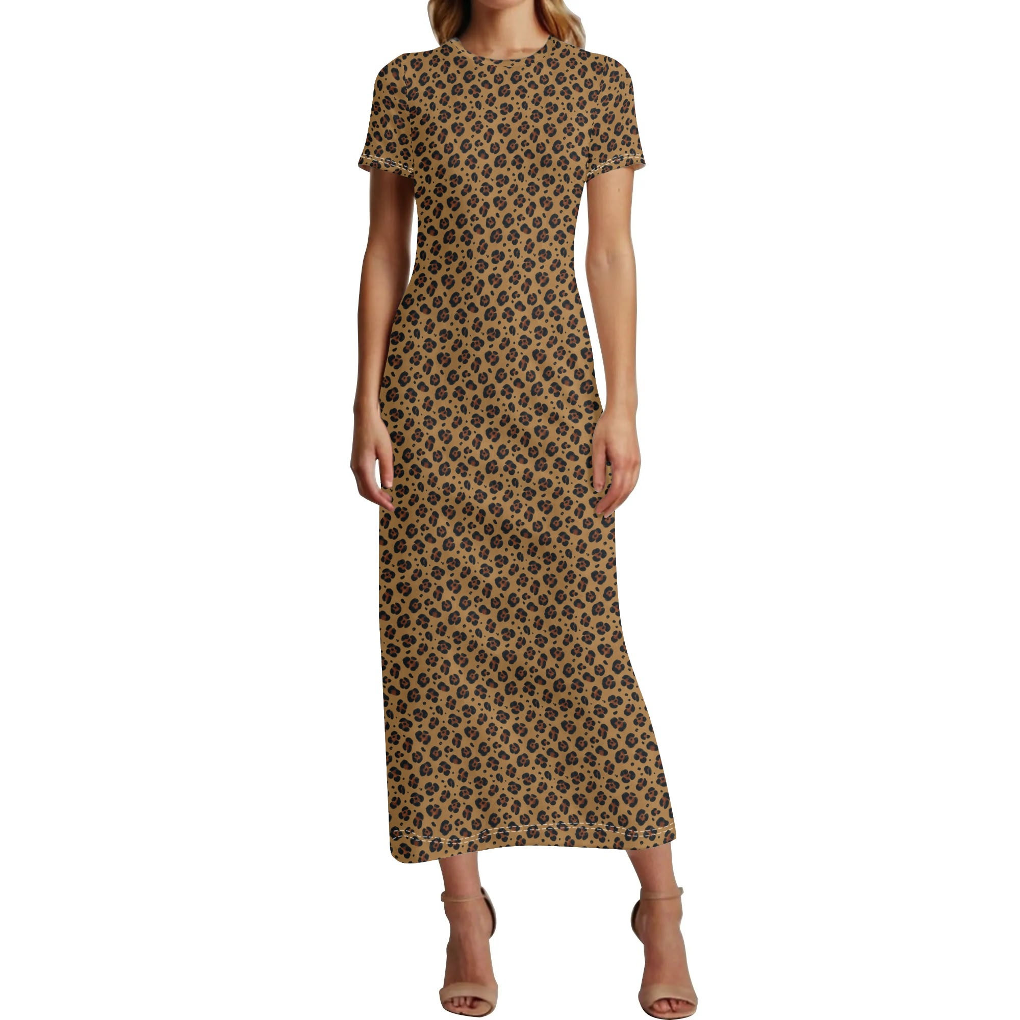 Women's Leopard Print Short Sleeve Long Dress
