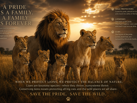 Pride of lions with a male, lionesses, and cubs standing in tall grass at sunset, with conservation message text about protecting lions and saving the pride.