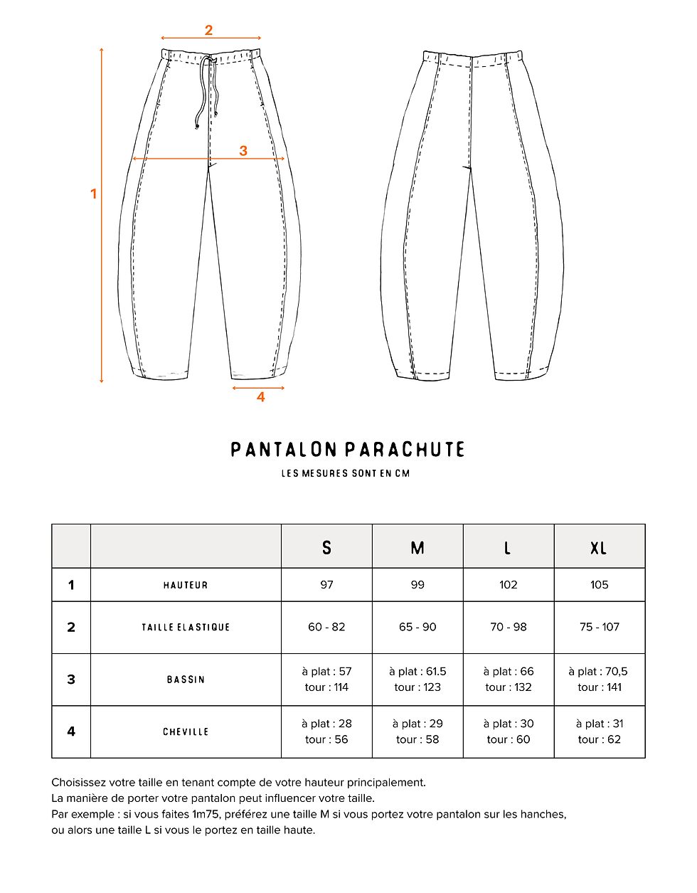 guide des tailles pantalon parachute