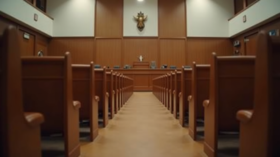 Eye-level view of a courtroom with empty benches