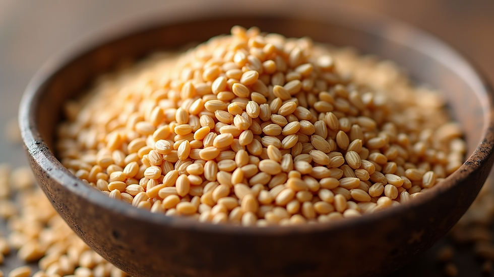 Close-up view of a bowl of Khapli wheat grains