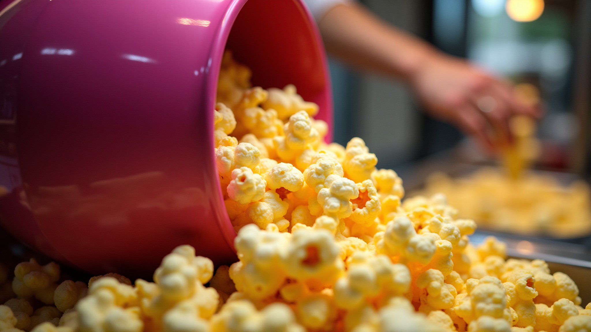 Popcorn pouring from pink cup