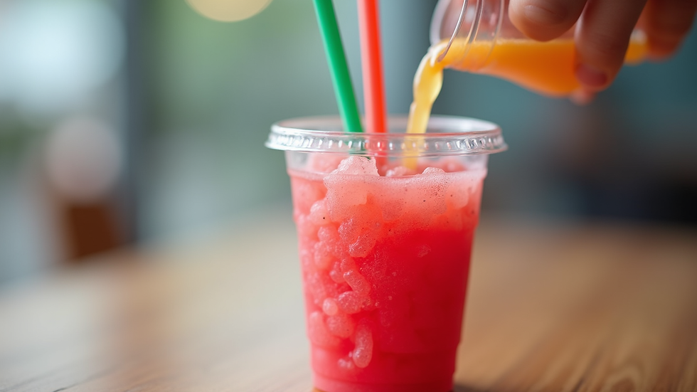 Close-up view of a slush drink being poured into a clear cup with colourful straws