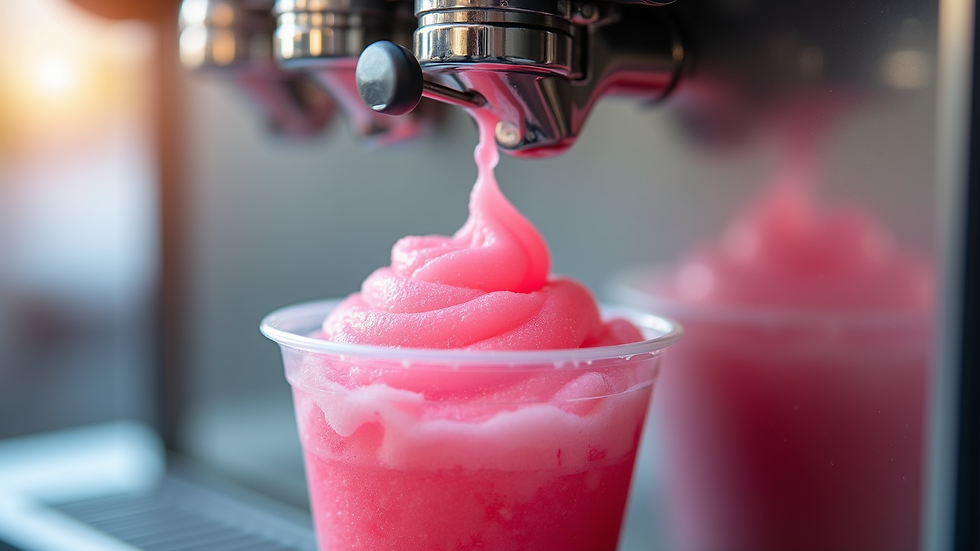 Close-up view of a slush machine dispensing bright pink slush into a clear cup