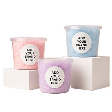 Colourful candy floss tubs with custom branding for corporate events and retail activations.
