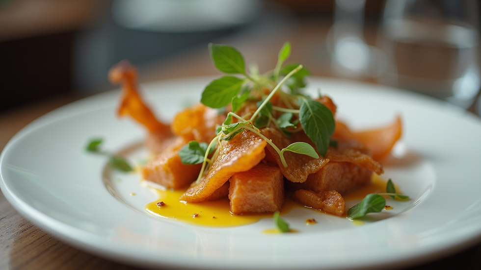 Close-up of a beautifully plated gourmet dish at a corporate event