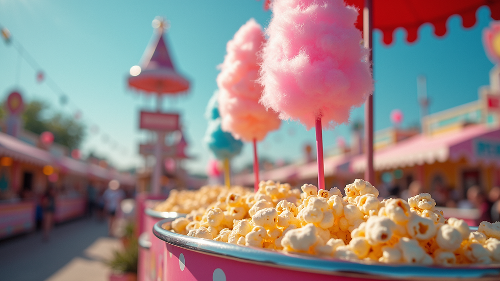 Eye-level view of a colorful Floss & Pop station with cotton candy and popcorn