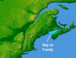 Map highlighting the Bay of Fundy in Nova Scotia