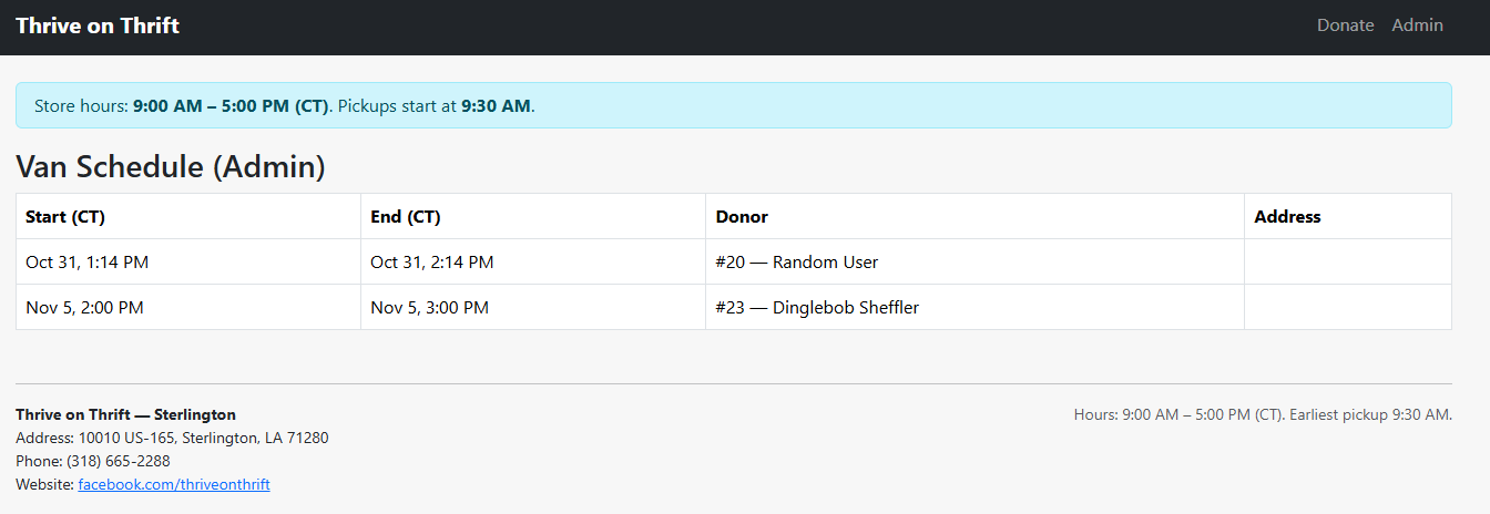 Van schedule page screenshot