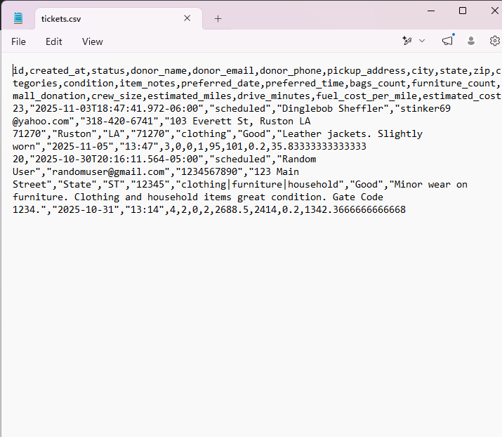 CSV export screenshot