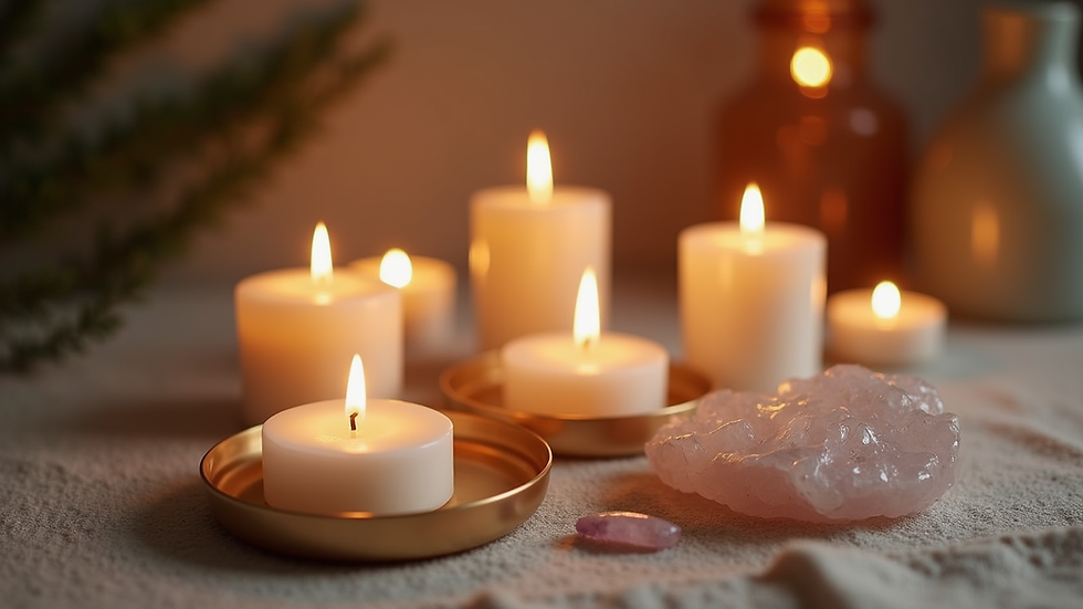 Close-up view of a serene meditation space with candles and crystals