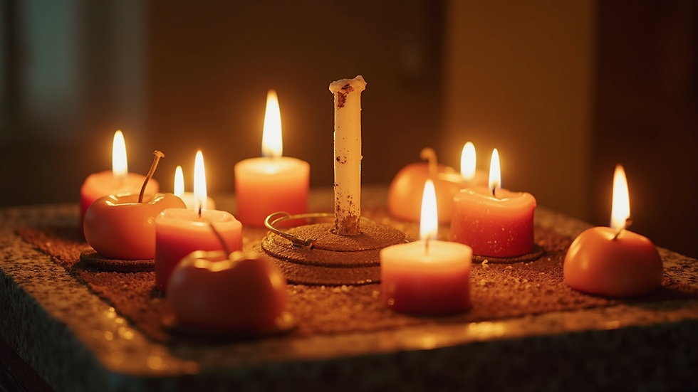 Close-up de um altar espiritual com velas acesas e cristais