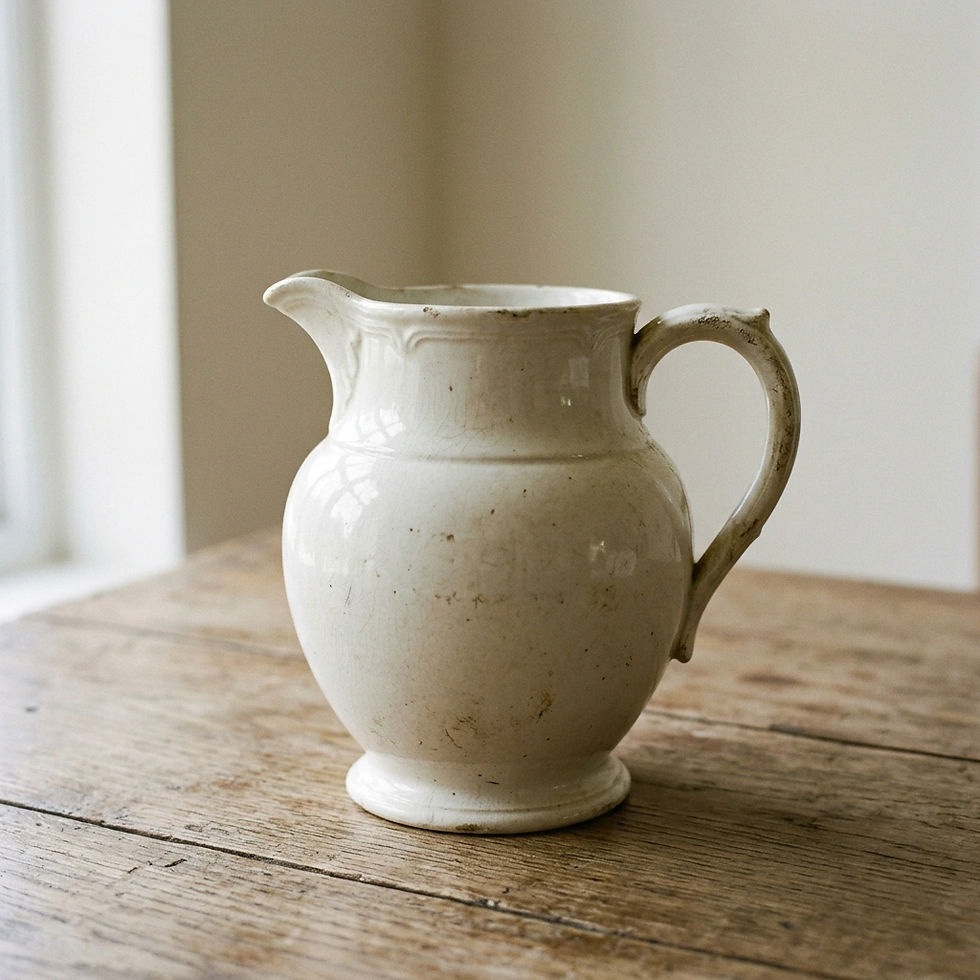 real, ironstone antique jug, white. on a table.jpg