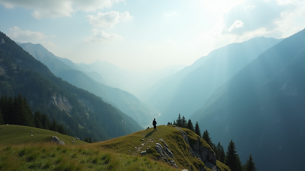 Wide angle view of a serene mountain landscape