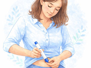 Woman self-administering a weekly GLP-1 injection (Mounjaro) into her abdomen in a calm home setting.