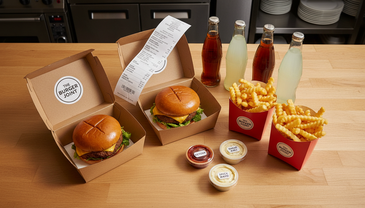 Overhead view of a takeout order with burgers, fries, drinks, and printed order ticket