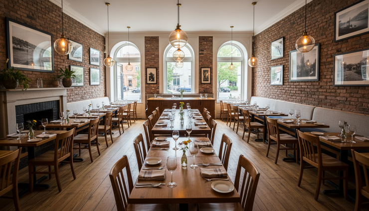 Wide-angle view of a warm restaurant dining room with neatly set tables and soft lighting