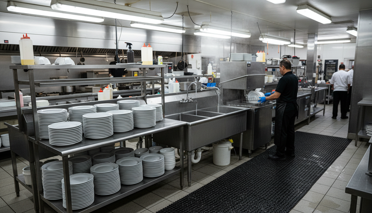 Wide-angle view of a dishwasher station with clean plates stacked beside a stainless steel sink.
