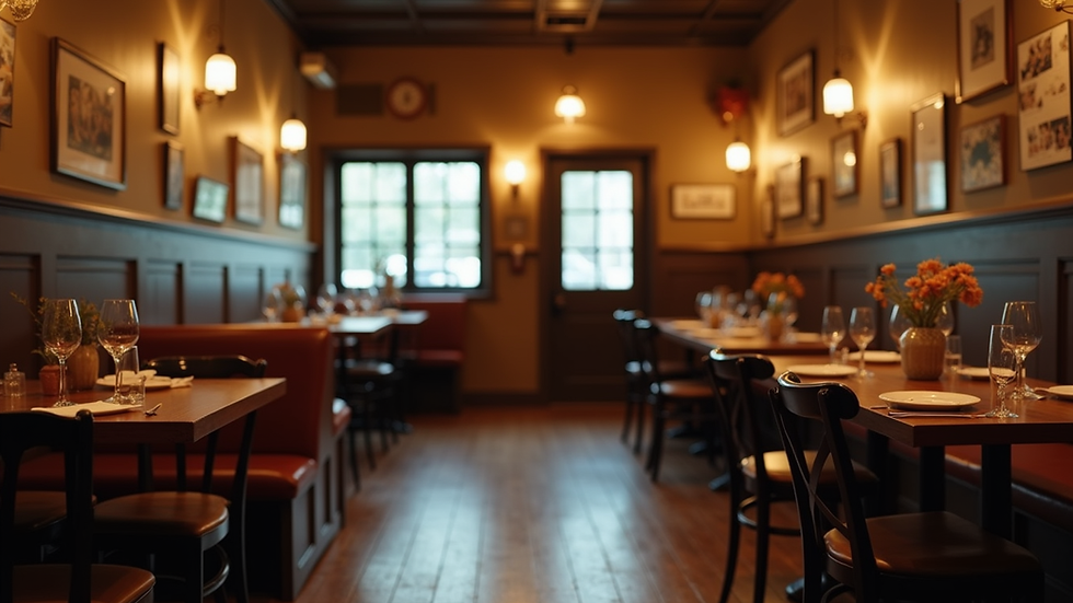 Eye-level view of a cozy independent restaurant interior with wooden tables and warm lighting