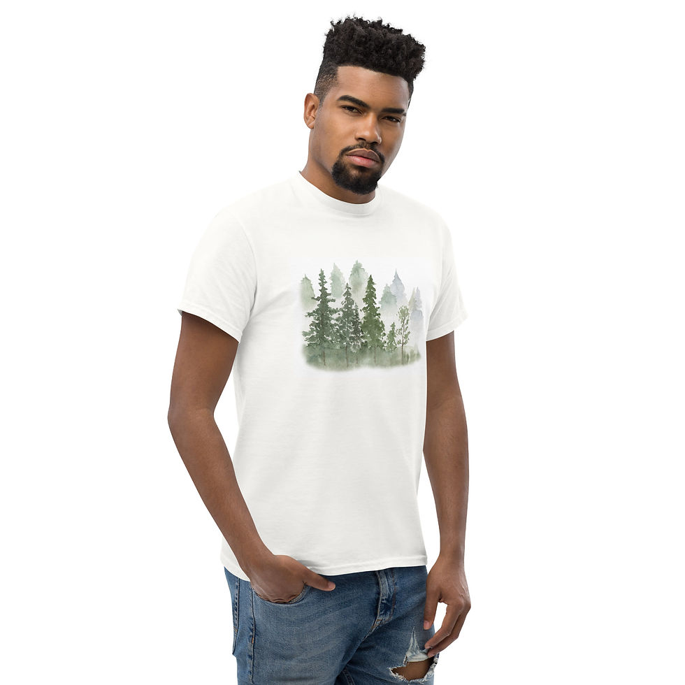 Thumbnail: T-shirt featuring a watercolor-style forest illustration.