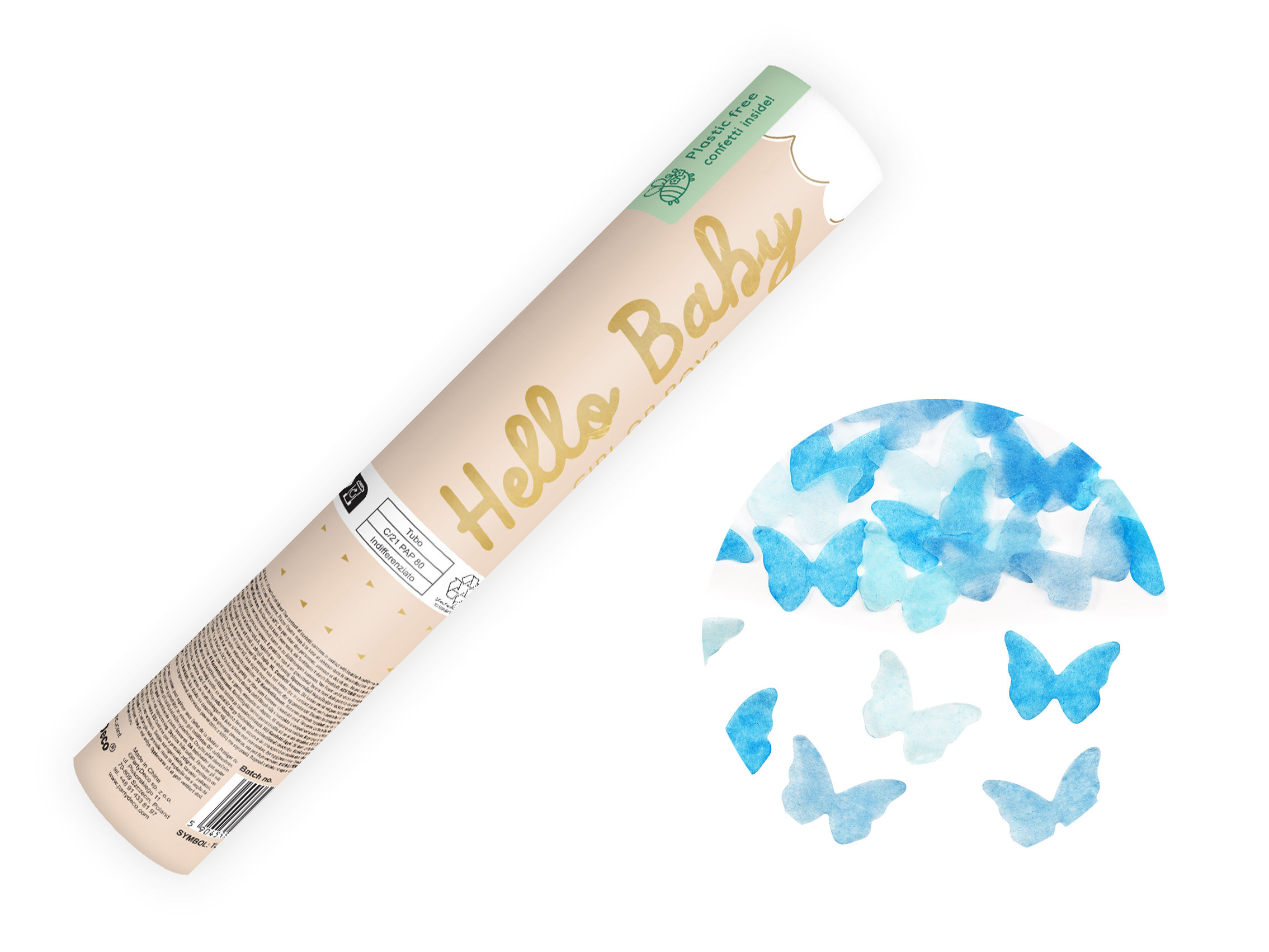 Confetti cannon, blue butterflies, 20cm