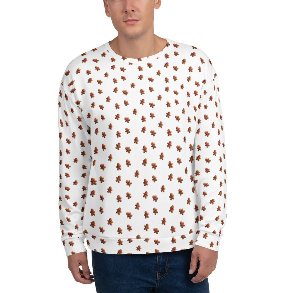 White unisex sweatshirt with long sleeves and a repeating gingerbread man pattern.