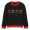 Thumbnail: Black holiday sweater with red and green skulls wearing Santa hats. Gothic Christmas design.