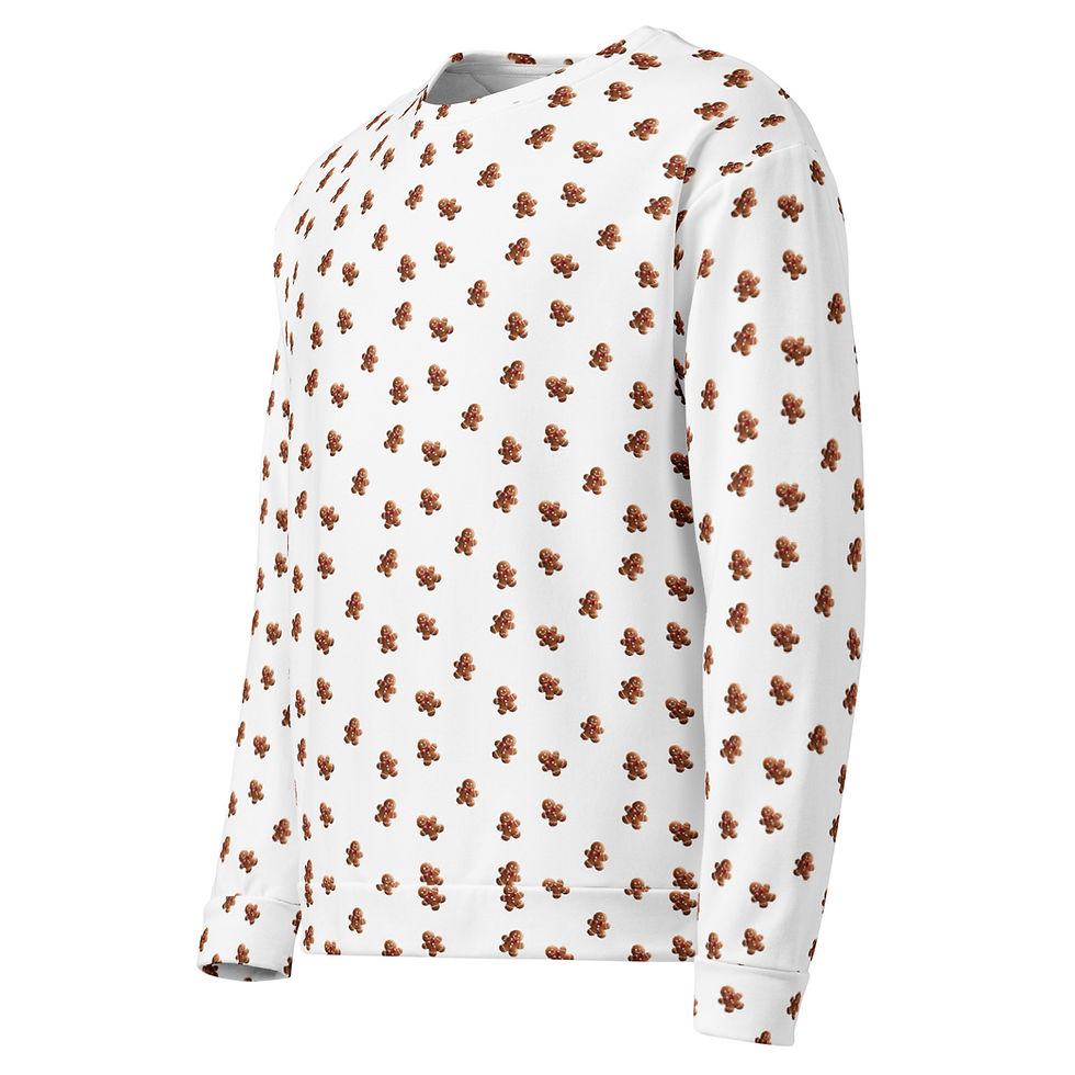 Thumbnail: White unisex sweatshirt with long sleeves and a repeating gingerbread man pattern.