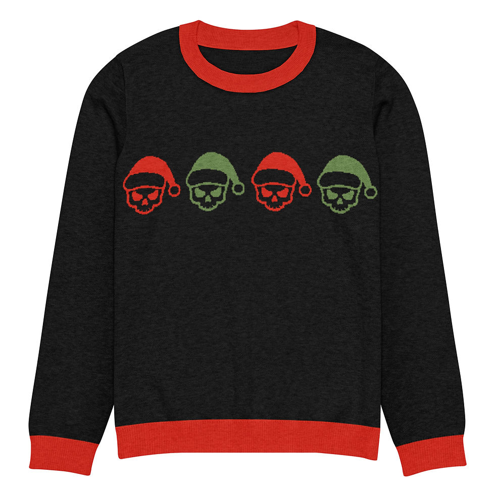 Thumbnail: Black holiday sweater with red and green skulls wearing Santa hats. Gothic Christmas design.