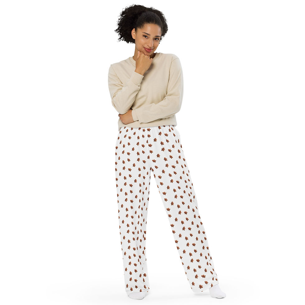 Thumbnail: Gingerbread Christmas wide-leg pants in a cozy holiday setting, showcasing festive print and relaxed fit.