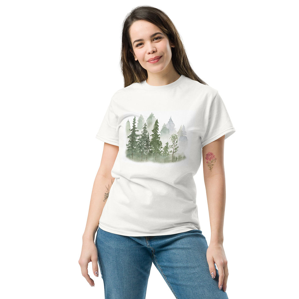 Thumbnail: T-shirt featuring a watercolor-style forest illustration.