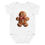 Thumbnail: White baby bodysuit with a gingerbread man design, featuring icing details and a red-striped bow tie, centered on the chest.