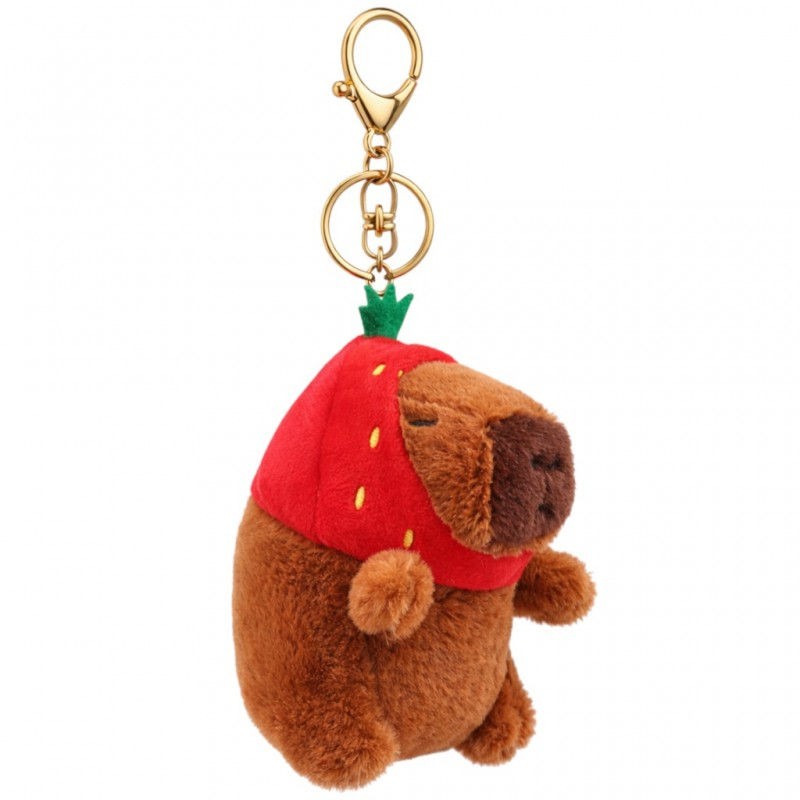 Plush fluffy Capybara keychain with strawberry hat
