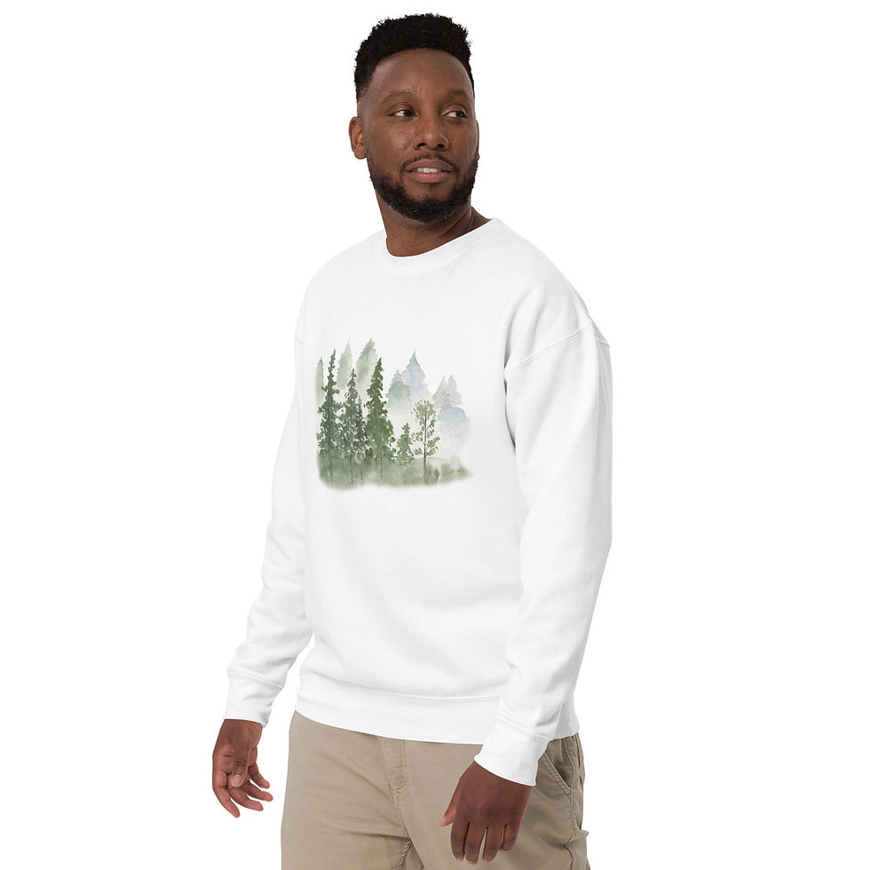 Thumbnail: Sweatshirt featuring a calm forest scene printed in watercolor style.