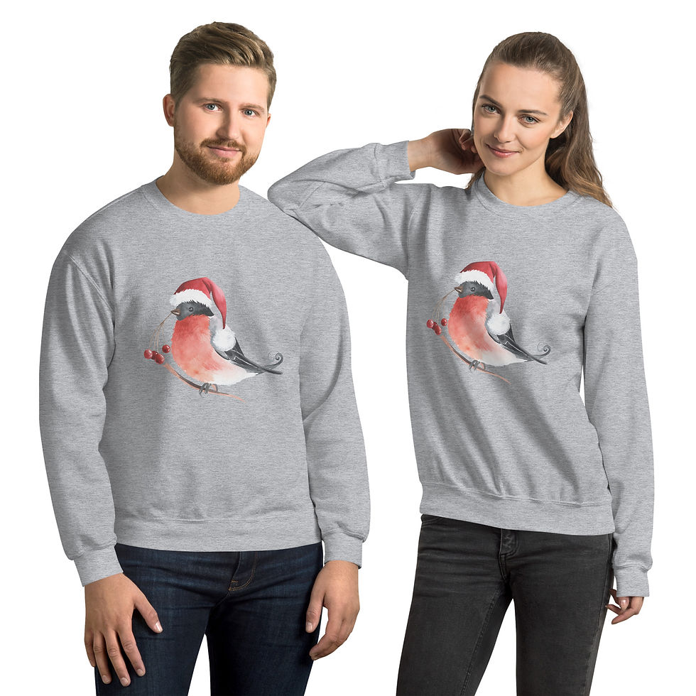 Thumbnail: Sweatshirt featuring a watercolor-style bullfinch wearing a Santa hat, perched on a branch with red berries.