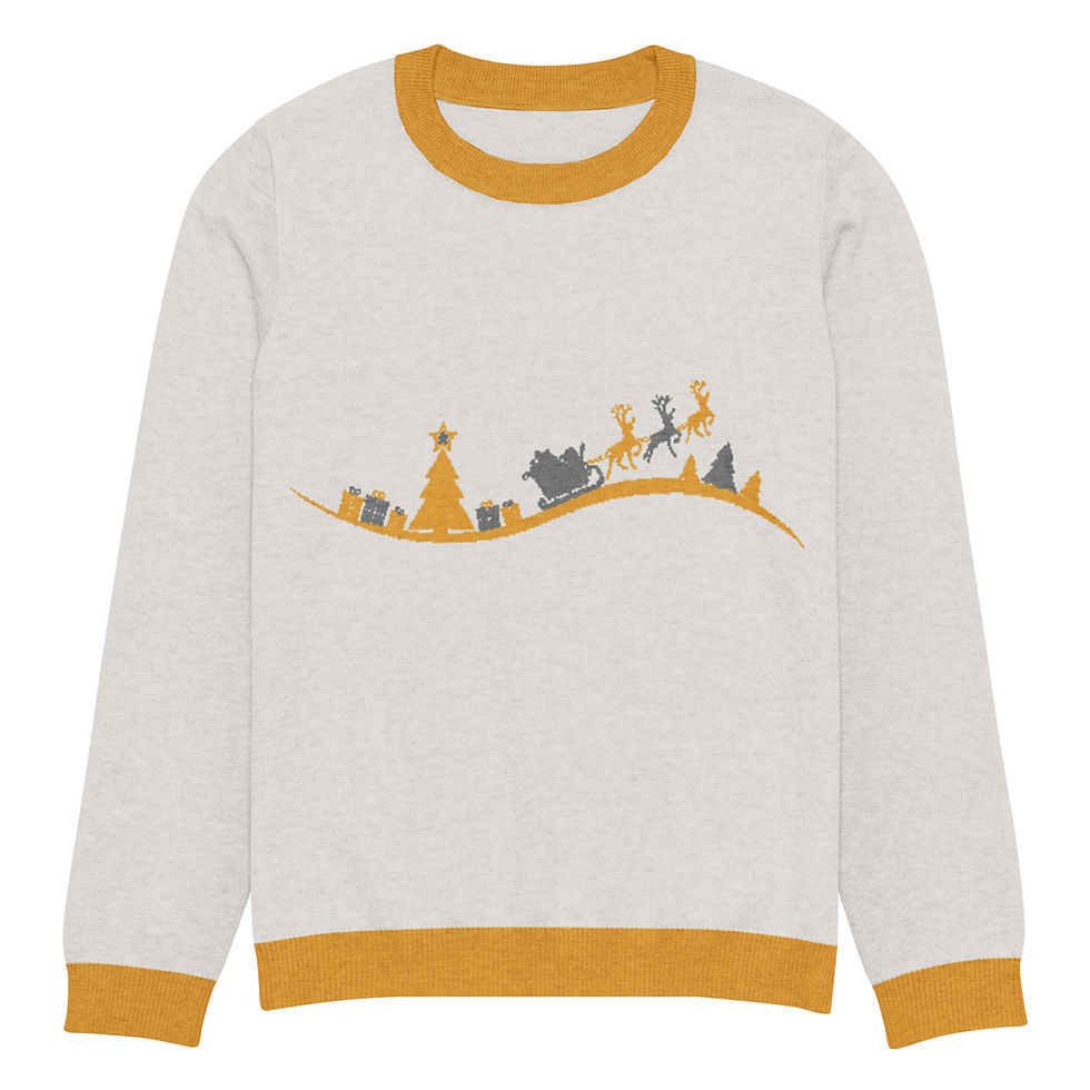 Thumbnail: Sweater with mustard yellow trim, featuring pixel-art Santa in sleigh with reindeer, Christmas tree, and gifts.