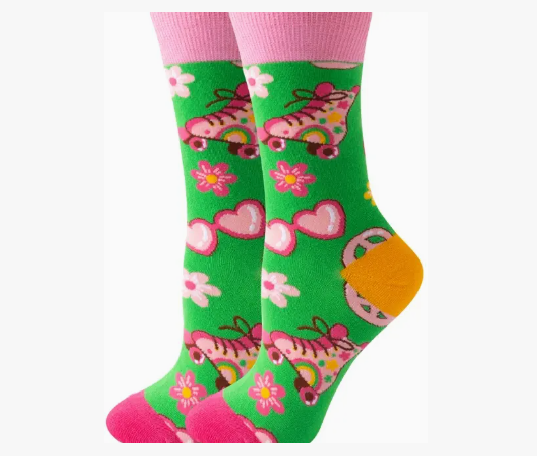 Pair of Socks Size 36-43 Roller Skates Flowers (Green and Pink) S-J5.1