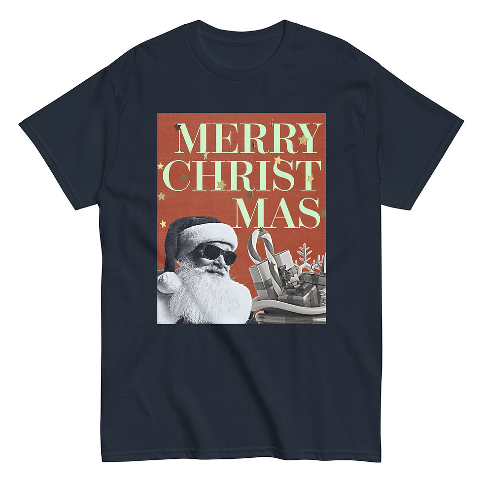 Thumbnail: T-shirt with a festive and cool graphic of Santa Claus in sunglasses and a sleigh full of gifts.