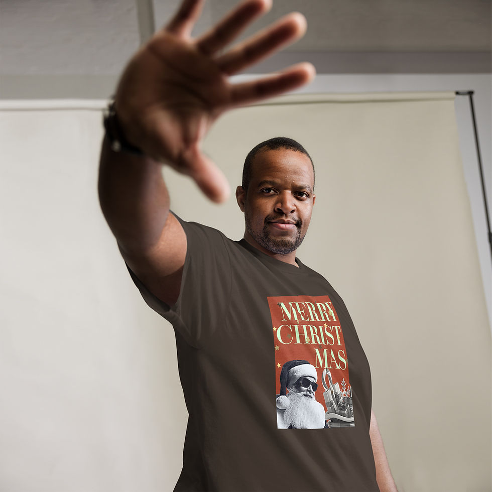 Thumbnail: T-shirt with a festive and cool graphic of Santa Claus in sunglasses and a sleigh full of gifts.