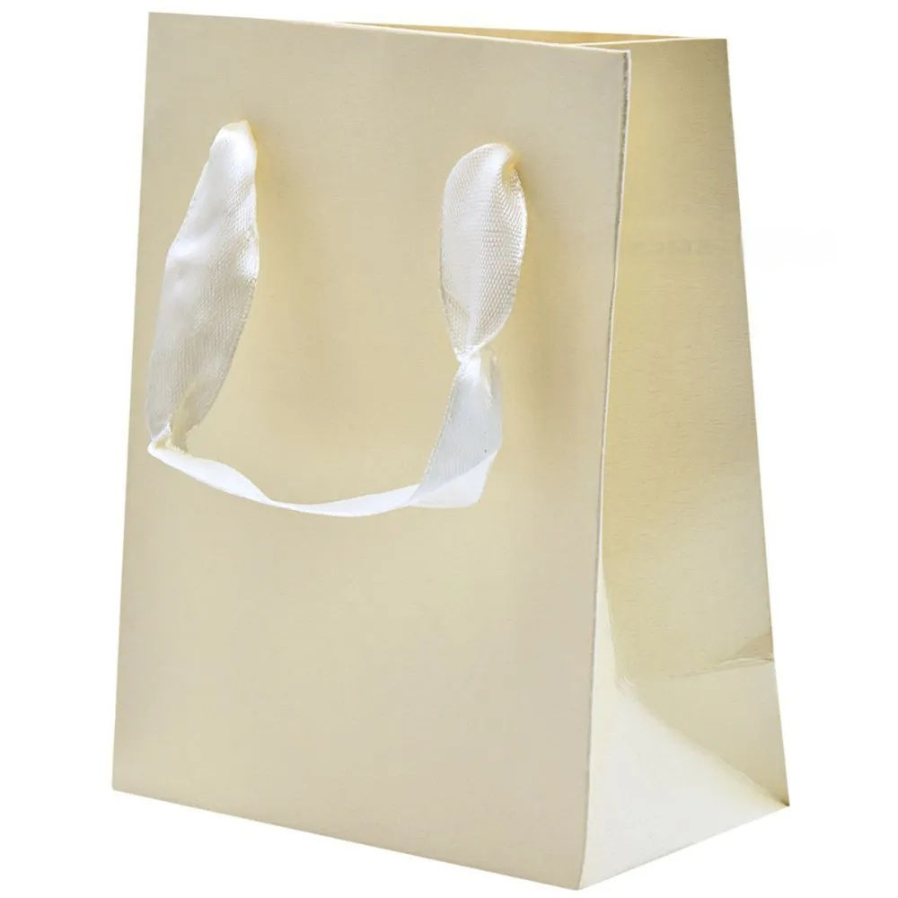 White minimalist gift bag with subtle pattern and handles 11+6x14 cm
