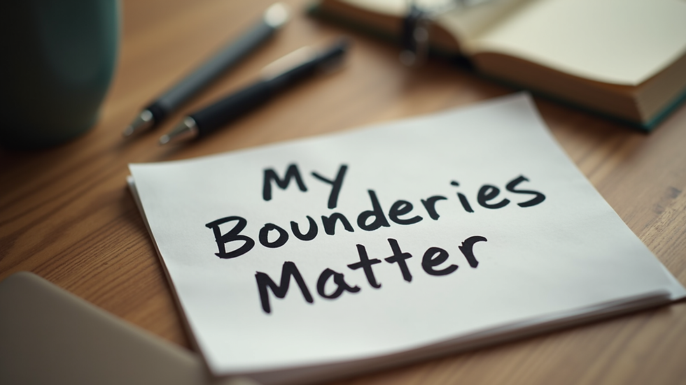 Close-up view of a handwritten note with the words “My Boundaries Matter” on a wooden desk