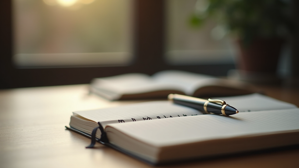 Close-up view of a journal and pen on a wooden table