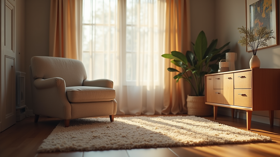 Eye-level view of a cozy living room with a comfortable chair and soft lighting