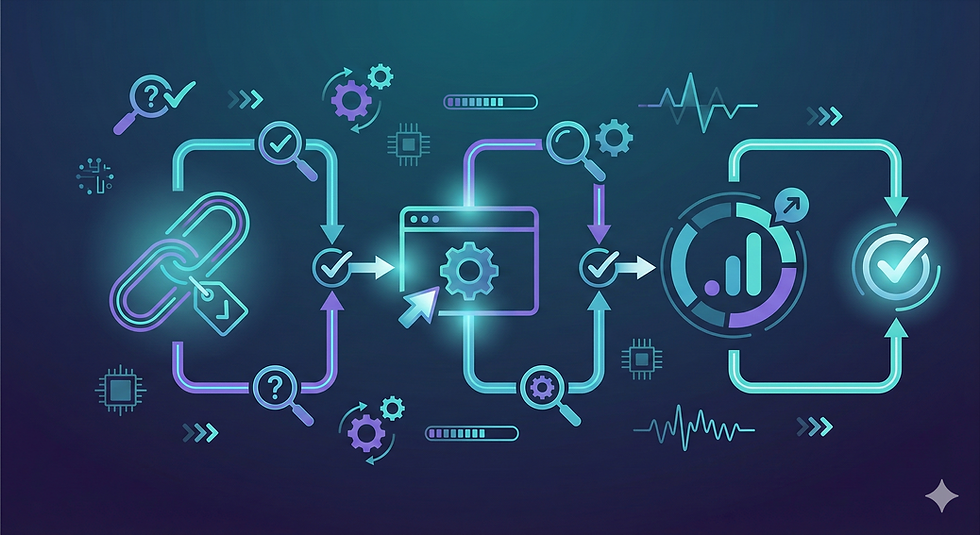 Infografika znázorňujúca diagnostiku merania: prepojenie UTM parametrov, Google Tag Manager a GA4 ako tri kontrolné body spojené do jedného procesu.